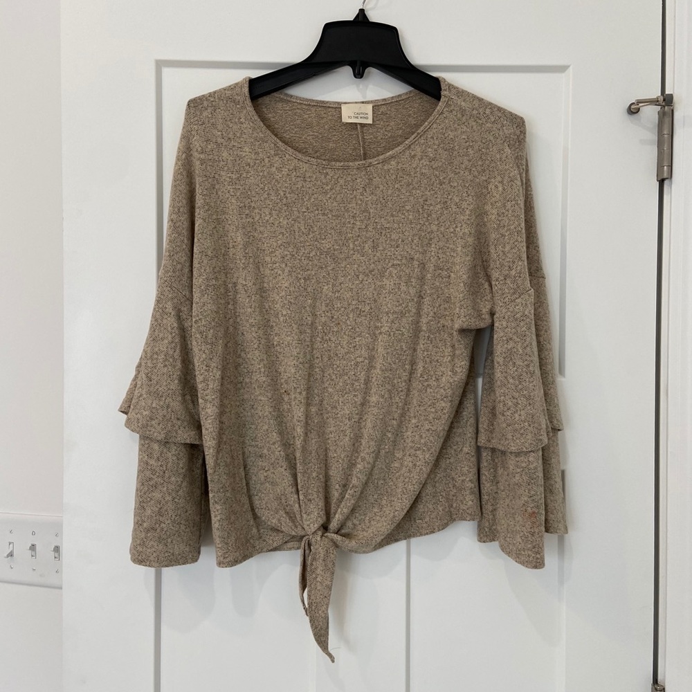 Tie front, bell sleeve blouse, size M